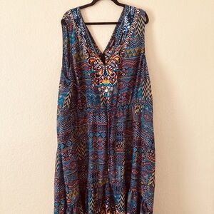 Roaman's Multicolor Geometric Maxi Dress with embellished v neckline